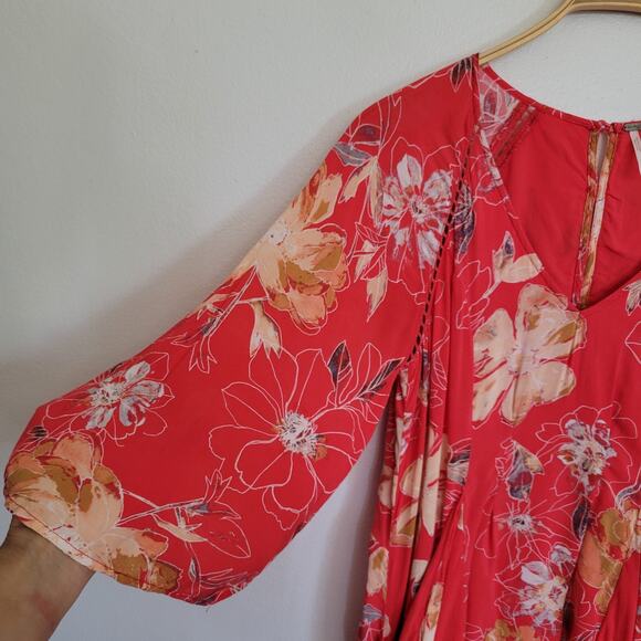 Free People All Eyes On You Floral Mini Swing Dress 4 Coral 3/4 Bell Sleeve - Picture 11 of 16